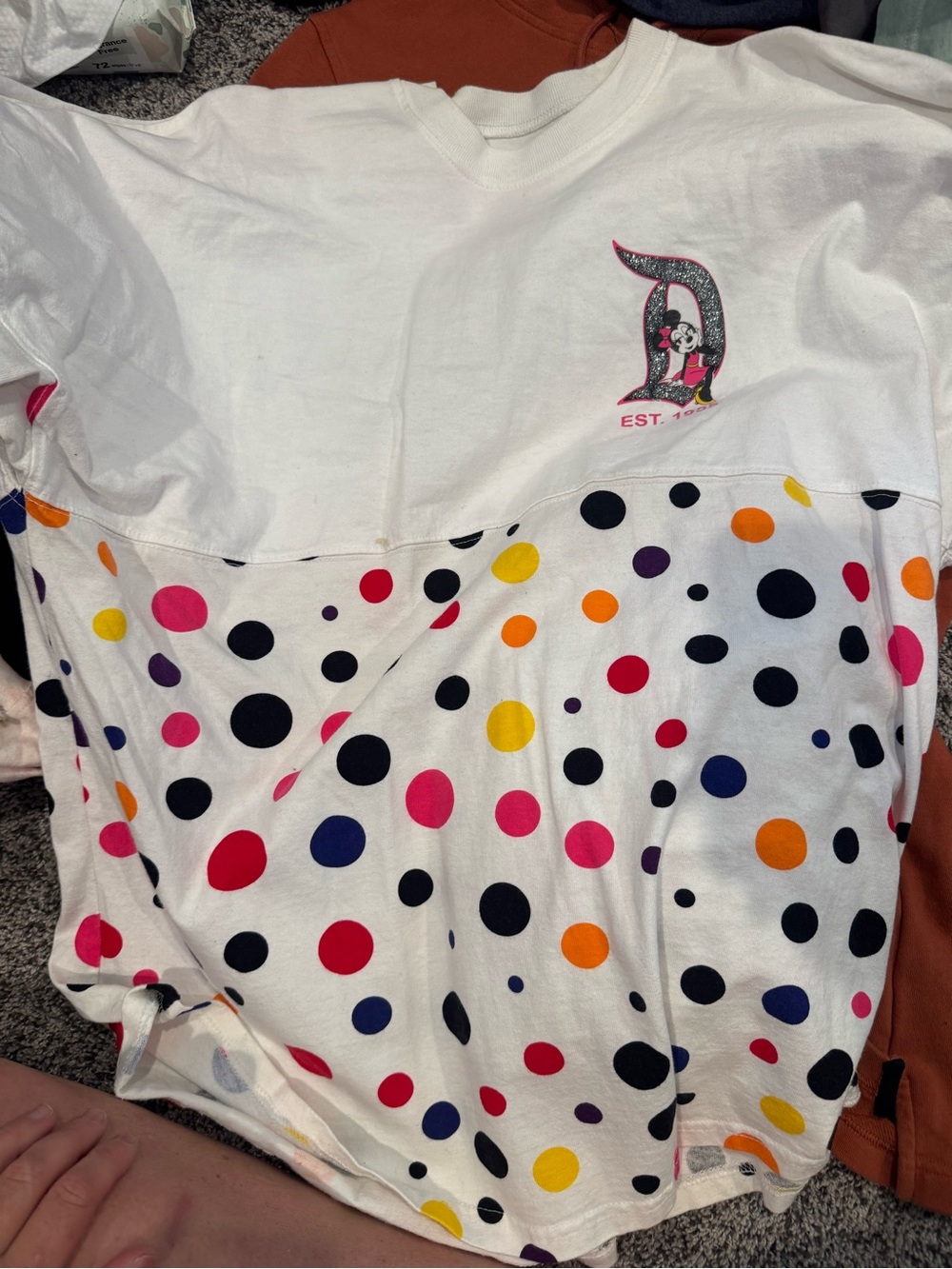 Disney White Polka Dot Sweatshirt with Multicolor D Logo